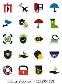 Color and black flat icon set - plane radar vector, security gate, trash bin, boot, hose, heart shield, umbrella, lock, eye id, estate insurance, intercome, home protect, surveillance, palm sproute