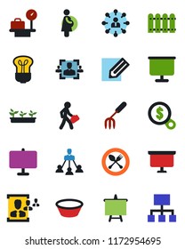 Color and black flat icon set - spoon and fork vector, luggage scales, hierarchy, presentation board, pencil, garden, seedling, pregnancy, hr, manager, fence, bowl, bulb, money search