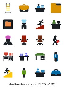 Color and black flat icon set - manager vector, desk, place, ladder, folder, career, cook, office chair, case