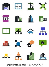 Color and black flat icon set - hierarchy vector, well, molecule, hospital, office building, garage, plan, home message