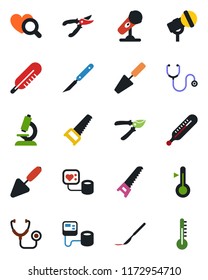 Color and black flat icon set - trowel vector, pruner, saw, stethoscope, blood pressure, thermometer, heart diagnostic, microscope, scalpel, microphone