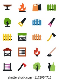 Color and black flat icon set - fence vector, tree, saw, fire, hoe, axe, abacus, table, alcove, cutting board