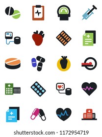Color and black flat icon set - heart pulse vector, diagnosis, syringe, blood pressure, pills, blister, tomography, real, clipboard, hospital