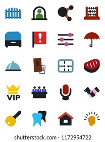 Color and black flat icon set - vip vector, reception, handshake, abacus, meeting, tooth, important flag, umbrella, microphone, share, tuning, archive box, house, fence, plan, key, dish, steak