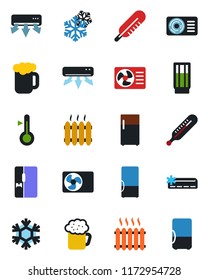 Color and black flat icon set - thermometer vector, heater, air conditioner, fridge, drink, beer, snowflake