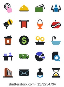 Color and black flat icon set - mail vector, office building, dollar sign, coffee, diet, microphone, touch screen, pie graph, document search, manager desk, meeting, stamp, bathroom, moving, dish