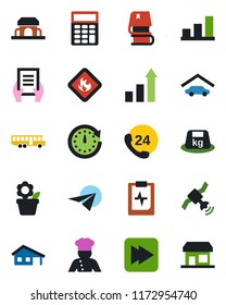 Color and black flat icon set - airport bus vector, growth statistic, document, flower in pot, pulse clipboard, 24 hours, heavy, flammable, satellite, fast forward, bar graph, calculator, book, cook