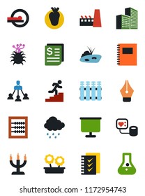 Color and black flat icon set - rain vector, blood pressure, tomography, real heart, virus, receipt, copybook, presentation board, office building, abacus, ink pen, checklist, hierarchy, pond, flask