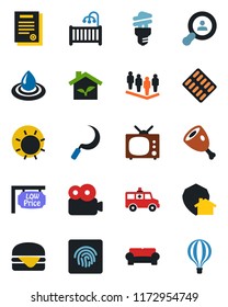 Color and black flat icon set - team vector, sun, sickle, pills blister, ambulance car, fingerprint id, video, contract, low price signboard, client search, children room, cushioned furniture, tv