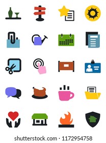 Color and black flat icon set - fence vector, identity card, document, coffee, watering can, sun, heart hand, signpost, store, flammable, touch screen, favorites list, message, cut, calendar, folder
