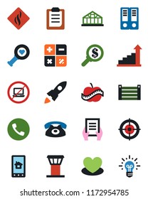 Color and black flat icon set - airport tower vector, phone, no laptop, growth statistic, calculator, office binder, document, greenhouse, heart, diagnostic, diet, container, clipboard, target, idea
