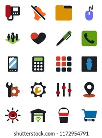 Color and black flat icon set - male vector, mobile phone, mouse, bucket, settings, heart, call, menu, folder, mute, place tag, root setup, calculator, pen, company, intercome, garage gate control