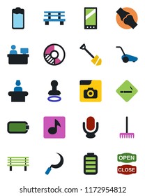 Color and black flat icon set - smoking place vector, reception, stamp, manager, job, circle chart, rake, lawn mower, sickle, bench, joint, microphone, battery, mobile, music, photo gallery