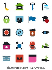 Color and black flat icon set - shower vector, lock, mouse, coffee, house, molecule, eye, record, compass, blank box, book, rooms, sweet home, ladle, palm sproute, flag, tie