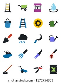 Color and black flat icon set - trowel vector, garden fork, ladder, watering can, wheelbarrow, bucket, pruner, lawn mower, water drop, sun, rain, well, hoe, sickle, knife, pond, fertilizer