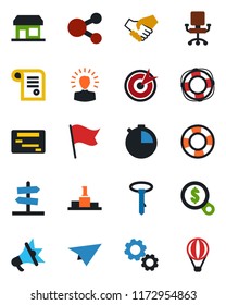 Color and black flat icon set - stopwatch vector, target, gear, shining head, handshake, office chair, money search, flag, paper plane, schedule, social media, crisis management, advertising, tie