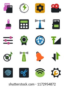 Color and black flat icon set - antenna vector, settings, tuning, themes, calculator, bell, sd, network, data exchange, wireless, cut, fingerprint id, music, video, cellular signal, charge