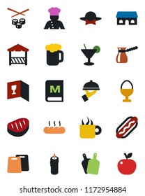 Color and black flat icon set - cook vector, wine card, menu, cocktail, coffee, beer, waiter, egg stand, bread, cafe building, candle, dress code, alcove, steak, hot dog, cutting board, turkish