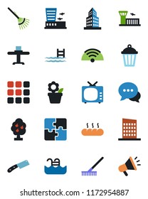 Color and black flat icon set - airport building vector, flower in pot, rake, garden light, tv, dialog, menu, application, office, pool, fruit tree, wireless, city house, restaurant table, bread