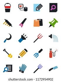 Color and black flat icon set - document search vector, drawing pin, job, pencil, garden fork, farm, bucket, watering, glove, saw, sickle, sprayer, blood pressure, torch, rolling, cutting board