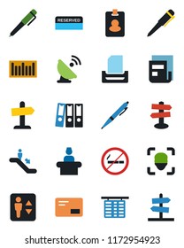 Color and black flat icon set - elevator vector, escalator, no smoking, reception, flight table, pen, signpost, barcode, satellite antenna, mail, face id, news, paper binder, tray, reserved