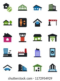 Color and black flat icon set - airport tower vector, barrier, elevator, building, house, greenhouse, warehouse storage, with garage, tree, office, city, factory, estate insurance, home control app