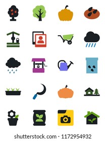 Color and black flat icon set - flower in pot vector, tree, watering can, wheelbarrow, seedling, rain, well, sickle, pumpkin, seeds, fertilizer, photo gallery, house with, fruit, eco