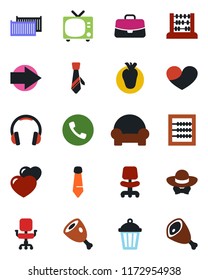 Color and black flat icon set - phone vector, tv, right arrow, office chair, case, abacus, tie, garden light, real heart, cargo container, headphones, cushioned furniture, dress code, ham