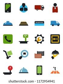 Color and black flat icon set - mobile phone vector, client, cargo container, car delivery, heavy scales, search, cell, call, scanner, root setup, waiter, dish, reserved, reception, warm floor