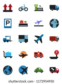 Color and black flat icon set - plane vector, departure, baggage conveyor, trolley, parking, fork loader, airport building, ambulance car, bike, earth, delivery, consolidated cargo, up side sign