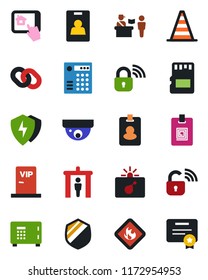 Color and black flat icon set - passport control vector, security gate, bomb in case, border cone, safe, shield, flammable, chain, protect, sd, identity card, vip zone, wireless lock, home app, pass