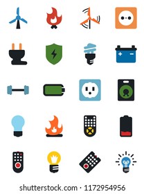 Color and black flat icon set - bulb vector, fire, barbell, remote control, speaker, low battery, protect, windmill, socket, power plug, energy saving, idea