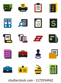 Color and black flat icon set - identity vector, stamp, contract, office binder, document search, reload, receipt, folder, news, clipboard, case, checklist, printer, paper tray, copier
