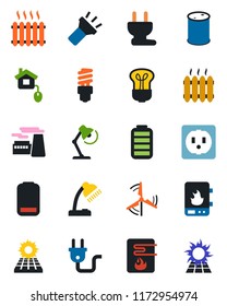 Color and black flat icon set - factory vector, oil barrel, battery, low, torch, desk lamp, sun panel, windmill, heater, home control, socket, power plug, water, bulb, energy saving