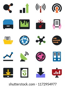 Color and black flat icon set - antenna vector, bomb in case, growth statistic, office binder, document, reload, satellite, network, share, scanner, download, folder, point graph, archive box
