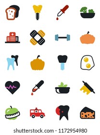 Color and black flat icon set - pumpkin vector, heart pulse, dropper, patch, ambulance car, barbell, tooth, caries, implant, diet, hospital, salad, bread, rolling pin, omelette, cheese