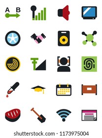 Color and black flat icon set - fence vector, radar, handshake, graduate, job, dropper, molecule, term, route, tv, speaker, wireless, face id, cellular signal, steak, fan, sound, fingerprint