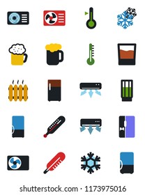 Color and black flat icon set - thermometer vector, heater, air conditioner, fridge, drink, beer, snowflake