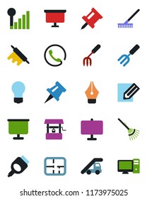 Color and black flat icon set - ladder car vector, presentation board, bulb, pencil, garden fork, rake, well, hdmi, cellular signal, drawing pin, ink pen, plan, phone, rolling, pc