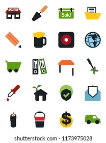 Color and black flat icon set - dollar sign vector, office binder, trowel, bucket, ripper, dropper, store, shield, mail, rec button, document folder, pencil, sold signboard, table, beer, candle, car