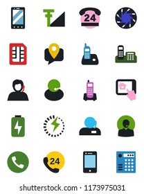 Color and black flat icon set - phone vector, mobile, office, 24 hours, support, tracking, cell, radio, camera, sim, cellular signal, charge, home control app, combination lock