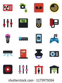 Color and black flat icon set - security gate vector, radar, scales, gamepad, settings, remote control, rec button, tuning, record, stamp, air conditioner, vip zone, home, intercome, app, garage