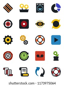 Color and black flat icon set - gear vector, contract, circle chart, stamp, pills blister, play button, rec, update, record, eye id, target, washer, flower in pot, clock, crisis management