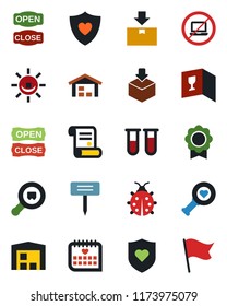 Color and black flat icon set - no laptop vector, contract, lady bug, plant label, blood test vial, heart diagnostic, shield, medical calendar, package, search cargo, sertificate, warehouse, flag