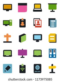Color and black flat icon set - passport vector, office binder, notebook pc, document, signpost, monitor, notes, photo gallery, presentation board, blank box, pass card, guidepost