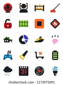 Color and black flat icon set - brainstorm vector, circle chart, saw, rain, hoe, sea shipping, no trolley, flammable, rack, vinyl, gamepad, microphone, battery, stop button, calendar, face id, fence