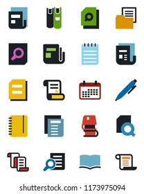 Color and black flat icon set - contract vector, book, document search, pen, notepad, folder, news, calendar