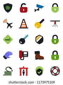 Color and black flat icon set - plane radar vector, security gate, smoking place, border cone, lock, glove, boot, hose, shield, key, intercome, home protect, surveillance, sprinkler