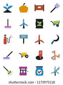 Color and black flat icon set - fence vector, farm fork, rake, wheelbarrow, well, sickle, plant label, pumpkin, garden sprayer, fertilizer, windmill, irrigation