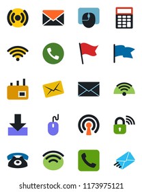 Color and black flat icon set - phone vector, mail, mouse, call, download, wireless, calculator, lock, flag